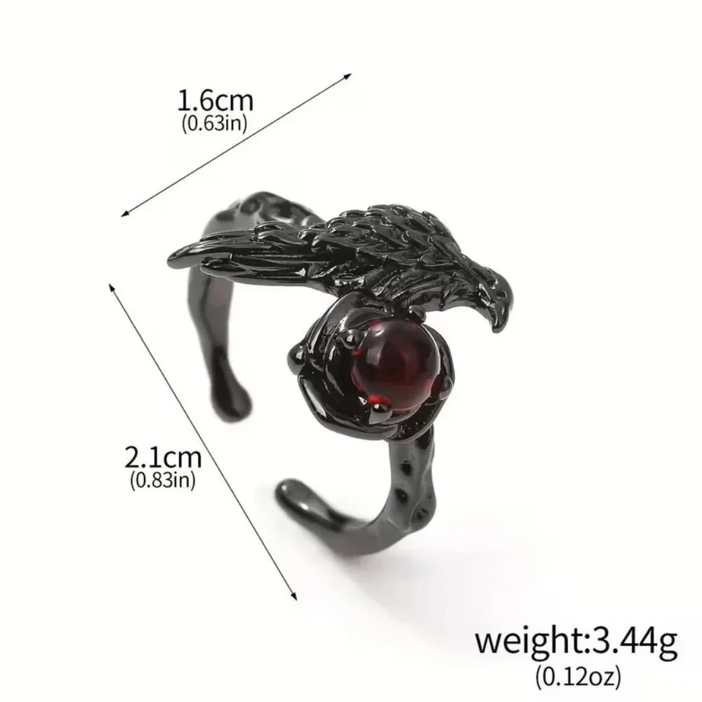 Ring Black Raven Crow Wrap Red Crystal Stone Bird Viking Vamp Goth Trendy Edgy